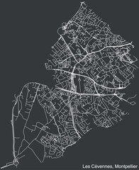 Detailed hand-drawn navigational urban street roads map of the LES CEVENNES QUARTER of the French city of MONTPELLIER, France with vivid road lines and name tag on solid background