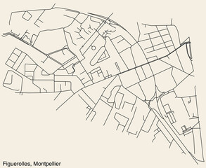Detailed hand-drawn navigational urban street roads map of the FIGUEROLLES NEIGHBOURHOOD of the French city of MONTPELLIER, France with vivid road lines and name tag on solid background