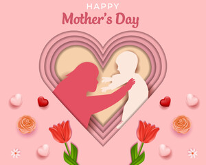 happy mother's day in paper cut art design with flowers