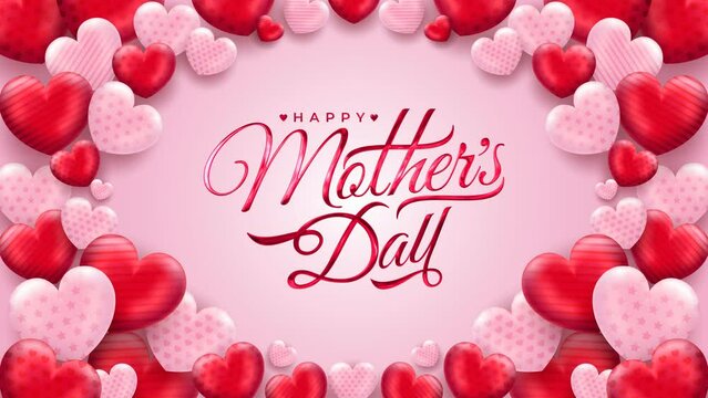 Happy Mother's day greeting animation text, lettering with love ornament in pink background, for banner, social media feed wallpaper stories