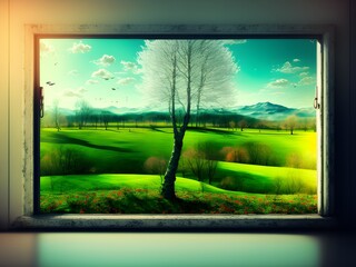 View from Window of Spring Landscape, Generative AI Illustration