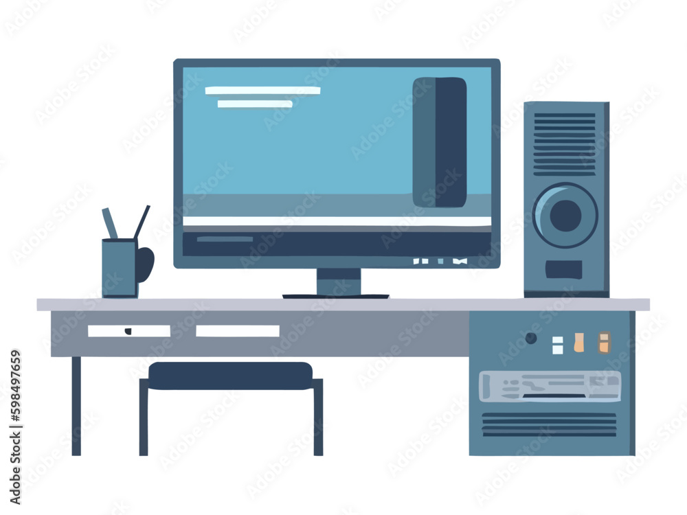 Poster modern office design with computer equipment backdrop generative ai