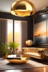 Architectural Digest photo of a Japanese and Scandinavian design style living room with lots of golden light, hyperrealistic surrealism, award winning masterpiece with incredible detail, ai generative