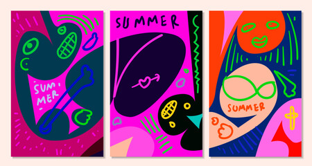 Vector colorful abstract pop art face and mask background for summer