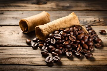 Fototapeta na wymiar Top side view of coffee beans and burlap or hessian fabric isolated on rustic wooden background with copy space