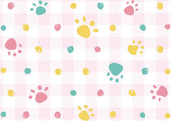 手描き肉球ドット　ブロックチェック背景