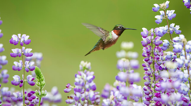 Hummingbird in flight feeding on colourful flowers