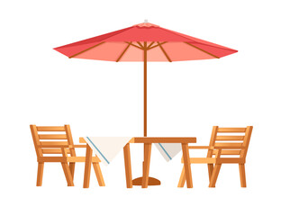 Table with chairs and umbrella for terrace park or cafe vector illustration isiolated on whiteb ackground
