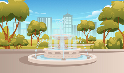 Spring or summer park landscape with trees fountain and modern city on background vector illustration