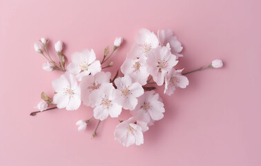 Spring rustic background of pink cloth with white wildflowers, in the style of minimalist still life, water drops, pastel color scheme. Daisies, wedding still life with white ribbon. AI