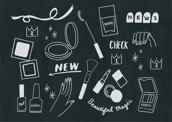 落書き風のシンプルな化粧品のイラストセット　黒板の背景