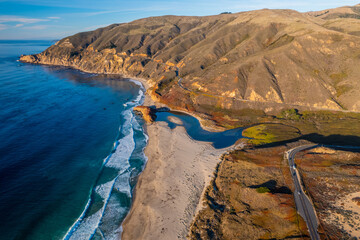 Aerial view of the sea and mountains in Big Sur, California