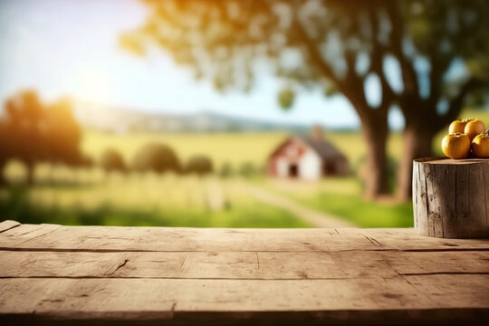 Wooden table with blurred farm background on harvesting season. Flawless Generative AI. Generative AI
