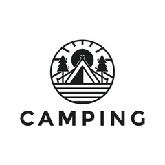 illustration vector graphic tent camping logo design minimalist with circle and sun