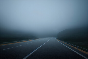 Wide road leading into a fog in a vast landscape, generative ai