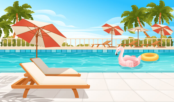 Hotel swimming pool or resort outdoor wooden lounger umbrella inflatable flamingo and ball vector illustration