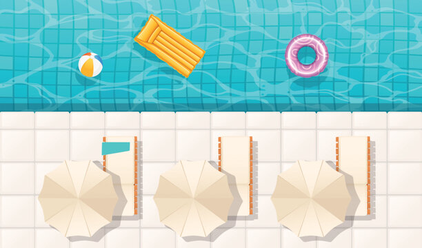 Swimming pool with clear water rubber ring and floating mattress ceramic tiles on the bottom vector illustration