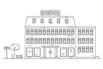 Landscape with a school building drawn with contour lines. Line Art. Editable stroke. Vector illustration.