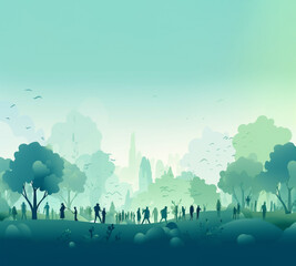 Environment day poster background, people and trees graphic on pastel green background, earth nature and human respect concept. Generative AI illustration