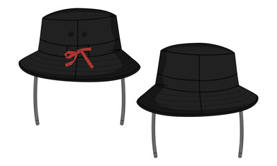 Bucket hat Technical drawing fashion flat sketch vector illustration black Color template front and back views isolated on white background