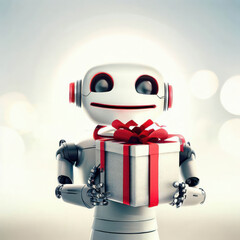 Smiling robot holding a present box with red ribbon on a light and airy background, generative AI