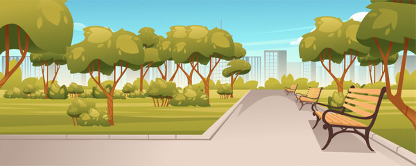 Landscape design park isometric colored composition with part of the park with fountains and green trees around vector illustration