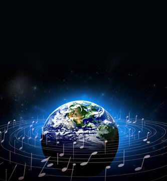 Harmony of nature, music notes around blue planet earth, environment day concept. Generative AI