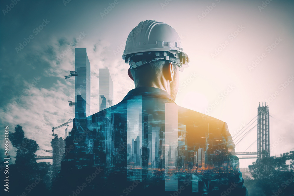 Poster civil engineer portrait as concept for building construct by professional with hardhat helmet engine