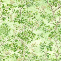 Fototapeta premium Spring greenery pattern, green leaves and branches field background seamless pattern, Generative AI