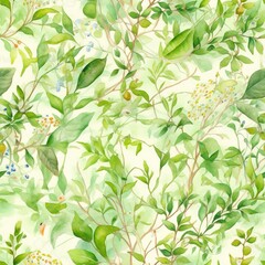 Spring greenery pattern, green leaves and branches field background seamless pattern, Generative AI