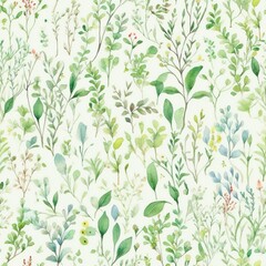 Spring greenery pattern, green leaves and branches field background seamless pattern, Generative AI