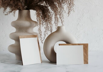 Blank paper and envelope mockup ,modern beige vasen with dry grass on white marble desk with copy...