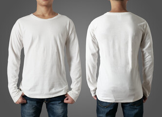 Blank long sleeved shirt mock up template, front and back view, Asian tennage man wear plain white...
