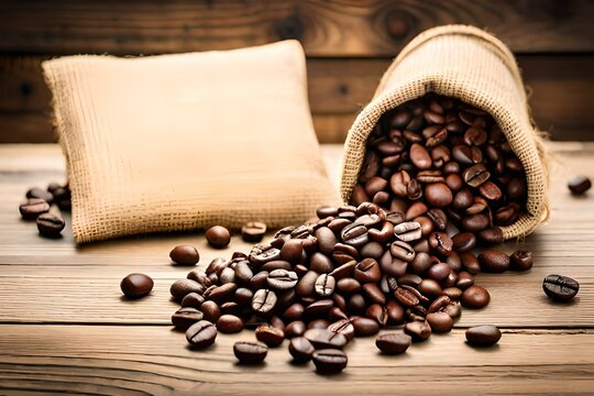 Top side view of coffee beans on burlap isolated on rustic wooden background with hessian fabric copy space