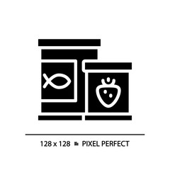 Canned goods pixel perfect black glyph icon. Food preservation. Ready to eat. Metal packaging. Kitchen pantry. Silhouette symbol on white space. Solid pictogram. Vector isolated illustration
