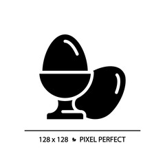 Eggs pixel perfect black glyph icon. Protein food. Poultry farm. Chicken breeding. Healthy diet. Breakfast meal. Silhouette symbol on white space. Solid pictogram. Vector isolated illustration
