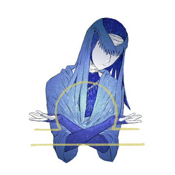  12星座占い－天秤座が占い師のような女性の姿で両手をクロスさせ、目を伏せる様子