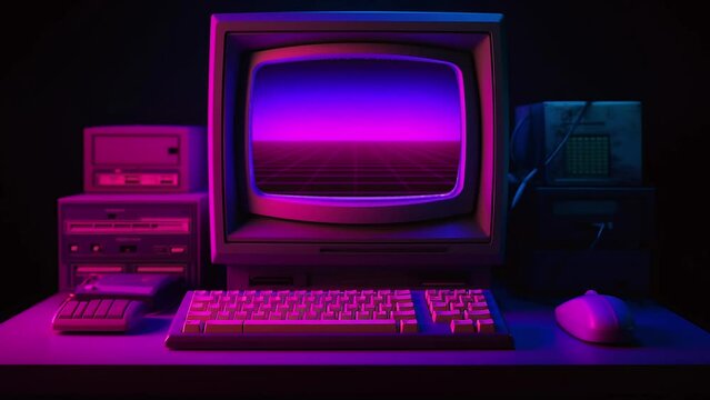 Retro PC in new retro wave gaming style. Some elements are made using images obtained with the help of generative Ai technologies. Generative AI