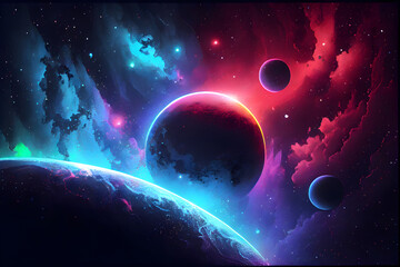 Abstract space background with planets, stars and nebula. AI Generative