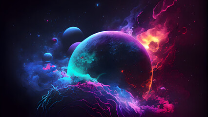 Abstract space background with planets, stars and nebula. AI Generative