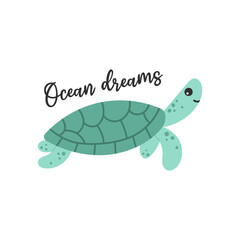 Cute kawaii turtle character. Ocean dreams lettering phrase. Hand drawn cartoon vector illustration.