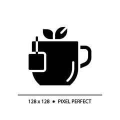 Tea pixel perfect black glyph icon. Comforting hot drink. Warm beverage. English breakfast. Herbal infusion. Silhouette symbol on white space. Solid pictogram. Vector isolated illustration