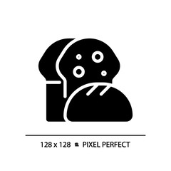 Bread pixel perfect black glyph icon. Bakery department. Fresh baked. Food category. Breakfast menu. Whole wheat. Silhouette symbol on white space. Solid pictogram. Vector isolated illustration