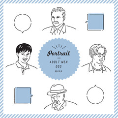 年配男性のポートレートイラストセット（モノクロ）