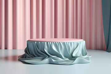 3d render abstract platform podium on water and waving curtains. Realistic