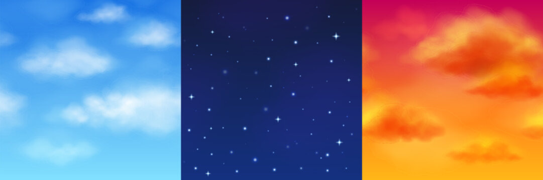Realistic set of morning, night and sunset sky seamless texture with fluffy white clouds on blue, stars shimmering in dark space, orange dawn cloudscape. Vector illustration of day, evening background