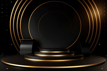 Abstract gold and black circle podium background