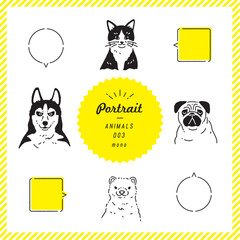 動物のポートレートイラストセット（モノクロ）