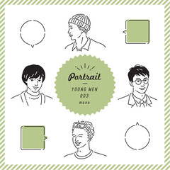 若い男性のポートレートイラストセット（モノクロ）