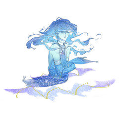 12星座占い－水瓶座が中世的な青年の姿で川のような星座シンボルの中にいる様子